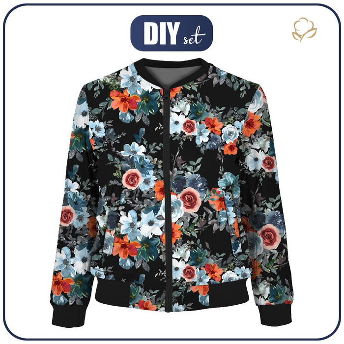 WOMEN’S BOMBER JACKET (KAMA) - WATER-COLOR FLOWERS pat. 2 / black - sewing set S