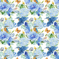 MINI KINGFISHERS AND LILACS (KINGFISHERS IN THE MEADOW) / white - Waterproof woven fabric