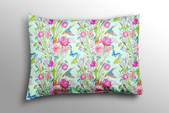 MINI KINGFISHERS AND BUTTERFLIES (KINGFISHERS IN THE MEADOW) / mint - Cotton woven fabric