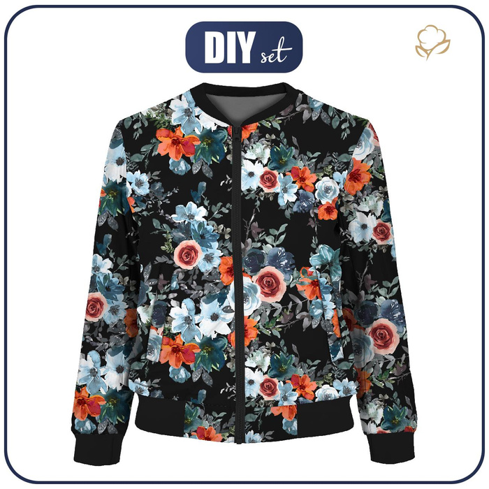 WOMEN’S BOMBER JACKET (KAMA) - WATER-COLOR FLOWERS pat. 2 / black - sewing set XS