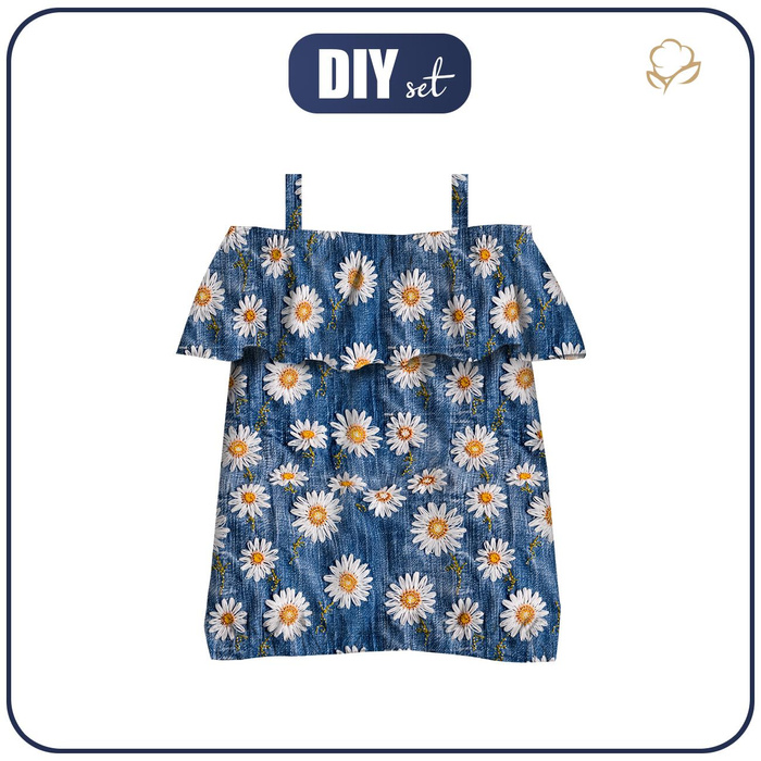 Carmenausschnitt Bluse (SARA) - DAISIES DENIM IMITATION WZ. 2  - Nähset -134-140