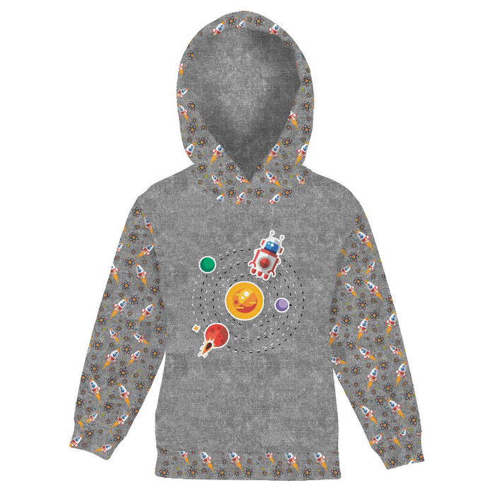 KID'S HOODIE (ALEX) - SOLAR SYSTEM (SPACE EXPEDITION) / ACID WASH GREY - looped knit fabric (110/116)