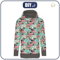 LONG WOMEN’S HOODIE (MEGI) - FLAMINGOS AND  MONSTERAS - looped knit fabric
