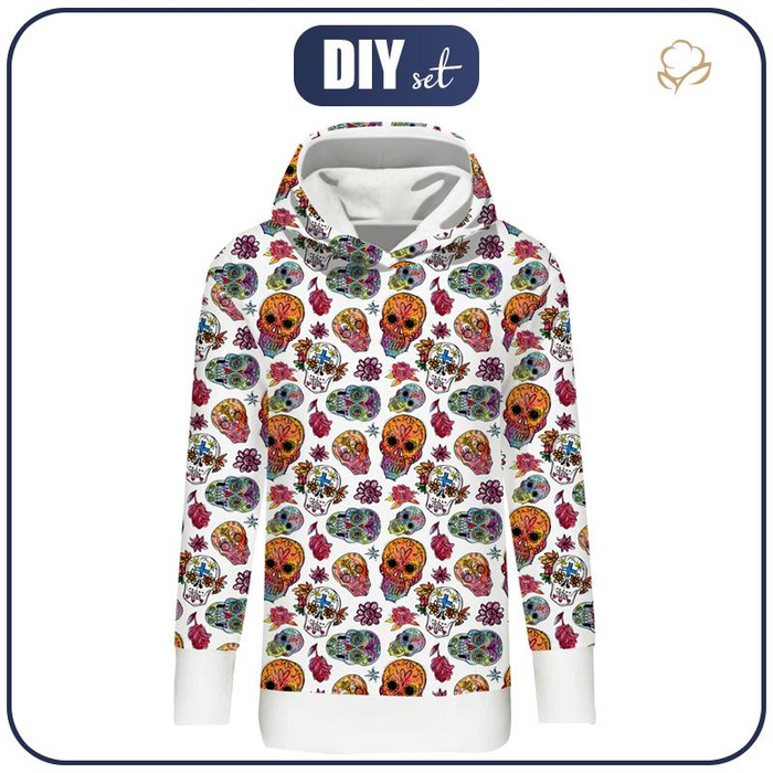 BLUZA DAMSKA (MEGI) - DŁUGA Z KAPTUREM - CZACHY wz. 3 / biały (DIA DE LOS MUERTOS) - dzianina pętelkowa XL