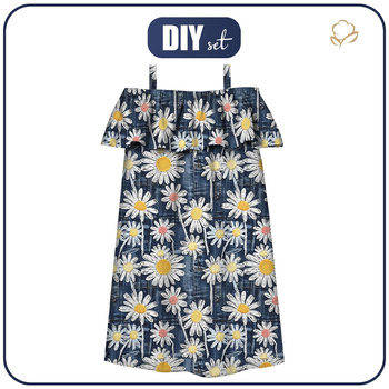 Bardot neckline dress (LILI) - DAISIES DENIM IMITATION WZ. 1 - sewing set - 122-128