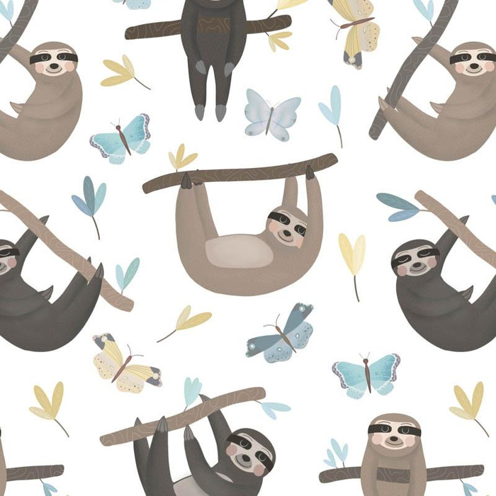 SLOTHS / butterflies (SLOTHS) / white - Cotton woven fabric