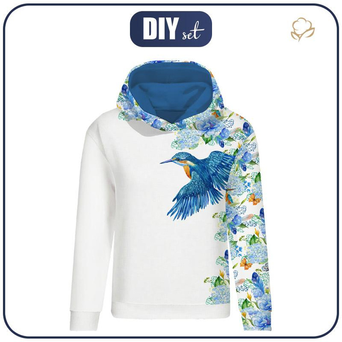 CLASSIC WOMEN’S HOODIE (POLA) - KINGFISHERS AND LILACS (KINGFISHERS IN THE MEADOW) / white - looped knit fabric - L