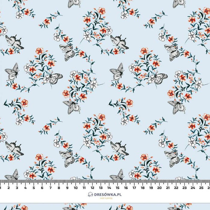 PANSIES AND BUTTERFLIES / light blue - Waterproof woven fabric