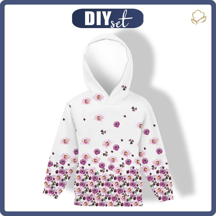 KID'S HOODIE "ALEX" (122/128) - FLOWERS AND CLOVER (IN THE MEADOW) - looped knit fabric