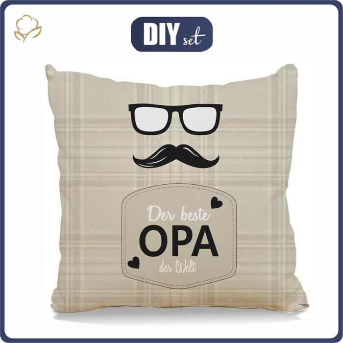 PODUSZKA 45X45 - DER BESTE OPA DER WELT / angielska krata - beżowy - tkanina bawełniana - zestaw do uszycia
