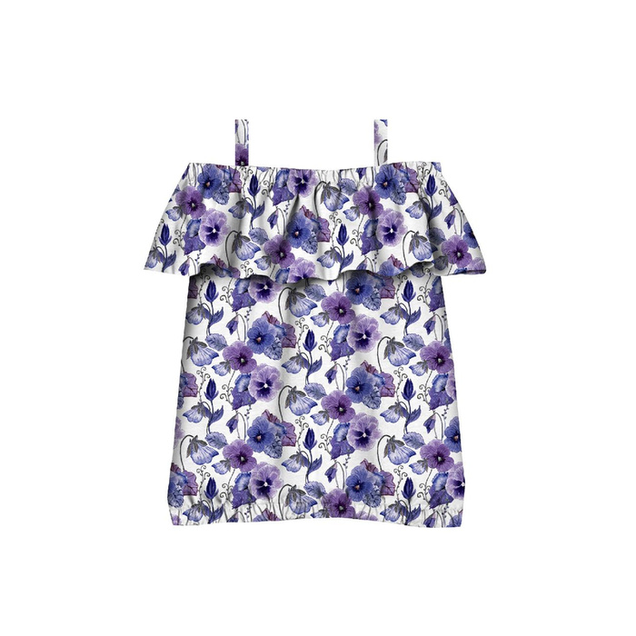 Bardot neckline blouse (SARA) - PANSIES (BLOOMING MEADOW) (Very Peri) - sewing set - 98-104