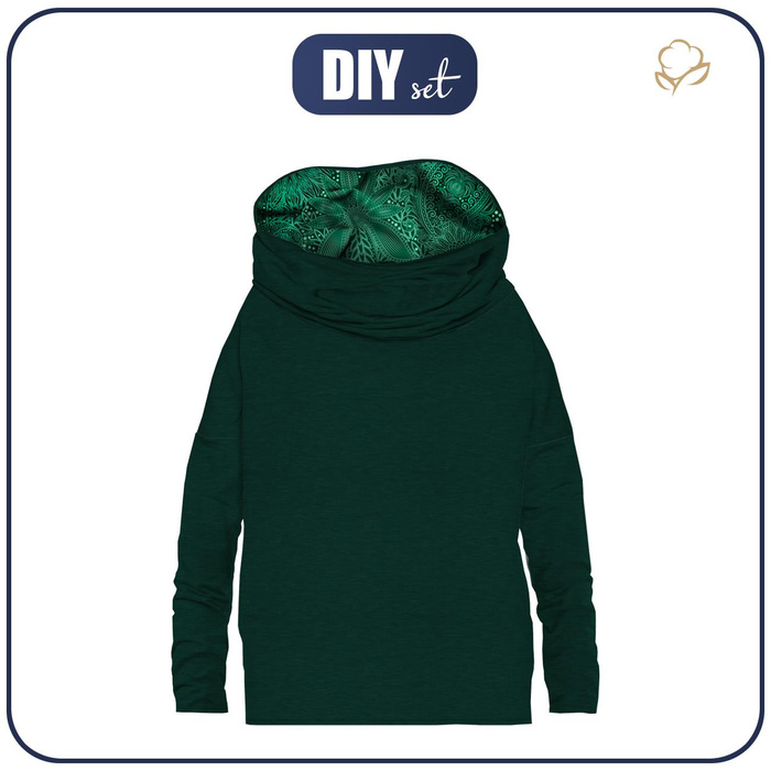 BLUZA DAMSKA (FURIA) NIETOPERZ Z KOMINEM - MELANŻ BUTELKOWA ZIELEŃ / ZIELONY AŻUR - zestaw do uszycia XXL