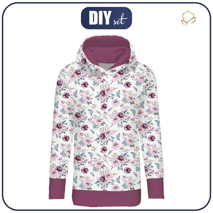 LONG WOMEN’S HOODIE (MEGI) - WATERCOLOR BOUQUET Pat. 2 - looped knit fabric - L