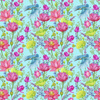 MINI KINGFISHERS AND POPPIES (KINGFISHERS IN THE MEADOW) / aqua - Cotton woven fabric