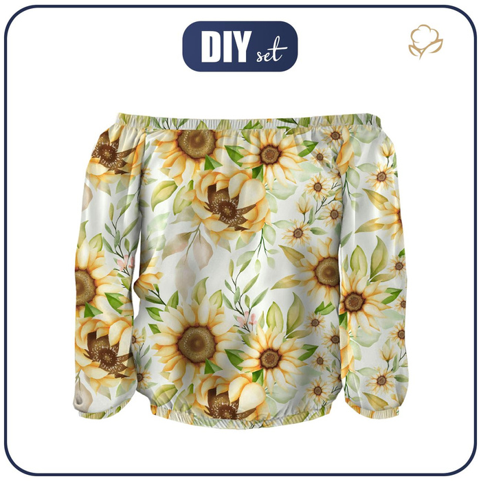 Carmenausschnitt Bluse (SOFIA) - PASTELL-SONNENBLUMEN M. 3 - Nähset S