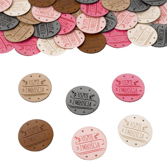 Cedulka ''USZYTE Z MIŁOŚCIĄ'' průměr 3cm - barva na výběr
