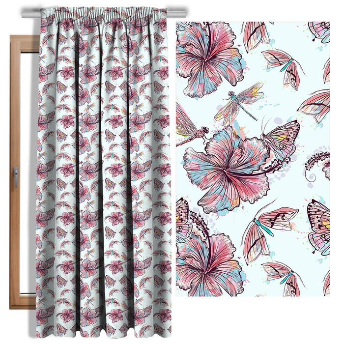 HIBISCUS AND BUTTERFLIES - Cotton woven fabric