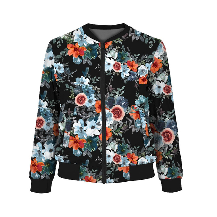 DAMEN BOMBERJACKE (KAMA) - AQUARELL BLUMEN Ms. 2 / schwarz - Nähset XS