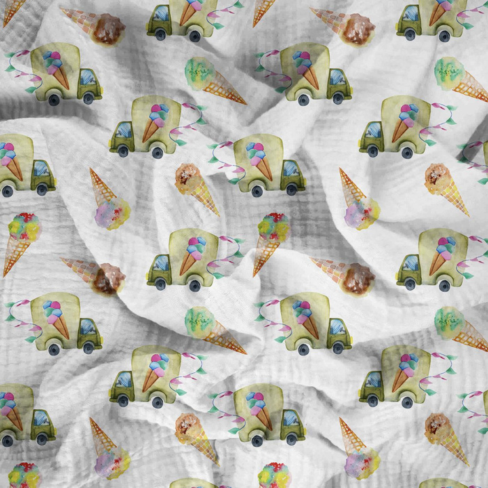 ICE CREAM TRUCKS (COLORFUL TRANSPORT) - Cotton muslin
