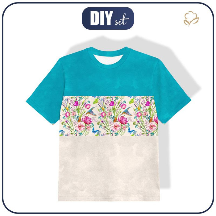 KID’S T-SHIRT - KINGFISHERS AND LILACS (KINGFISHERS IN THE MEADOW) / white - Single Jersey (116/122)
