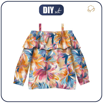 Bardot neckline blouse (VIKI) - WATERCOLOR FLOWERS wz.8 - sewing set - 146-152