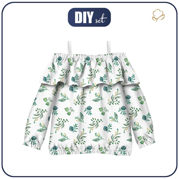 Carmenausschnitt Bluse (VIKI) - GRÜNES HERBARIUM / weiß - Nähset