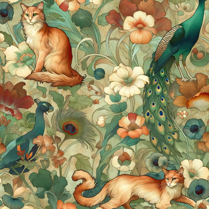ART NOUVEAU CATS & FLOWERS VZ. 2 - Jersey wiskozowy