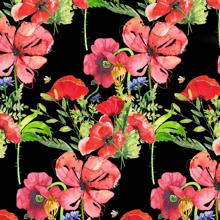 POPPIES PAT. 2 (IN THE MEADOW) / black- Upholstery velour 