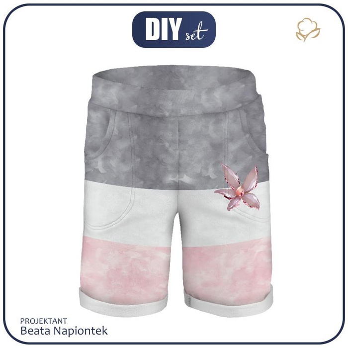 KID`S SHORTS (RIO) - GLITTER FLOWERS (DRAGONFLIES AND DANDELIONS) / STRIPES - looped knit fabric (122/128)
