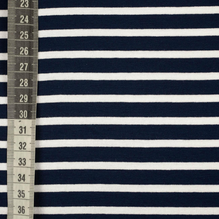 VISCOSE JERSEY - PRUHY TMAVĚ MODRÁ / BÍLÁ 1,0 cm x 0,5 cm