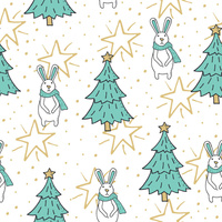HARES WITH CHRISTMAS TREES / white - Cotton woven fabric