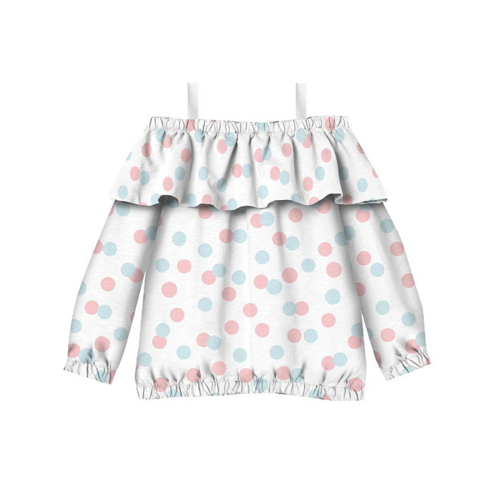 Bluzka hiszpanka (VIKI) - PASTELOWE KROPKI / miętowo - łososiowy (PASTELOWE NIEBO) - zestaw do uszycia