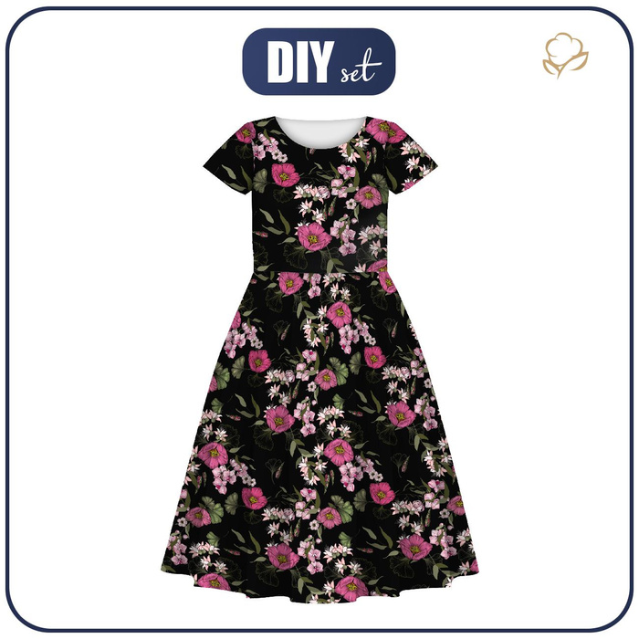 KINDER KLEID "MIA" - ROSA BLUMEN M. 2 - Nähset (146/152)