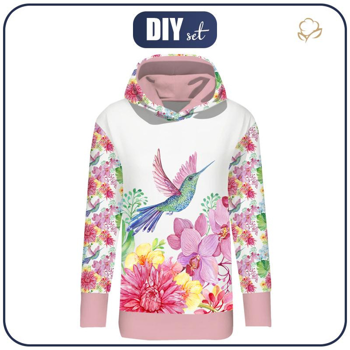 LONG WOMEN’S HOODIE (MEGI) - HUMMINGBIRDS AND FLOWERS pat. 2  - looped knit fabric - M