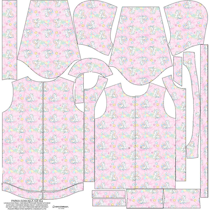 KIDS PARKA (ARIEL) - UNICORNS AND FLOWERS pat. 2 (WONDERLAND) - softshell (134/140)