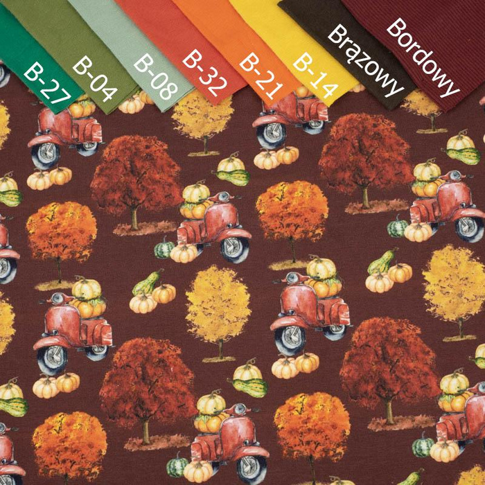 KÜRBISSE AUF DEM SCOOTER (Bäume) / dunkelrot (KÜRBISGARTEN) - French Terry mit Elasthan
