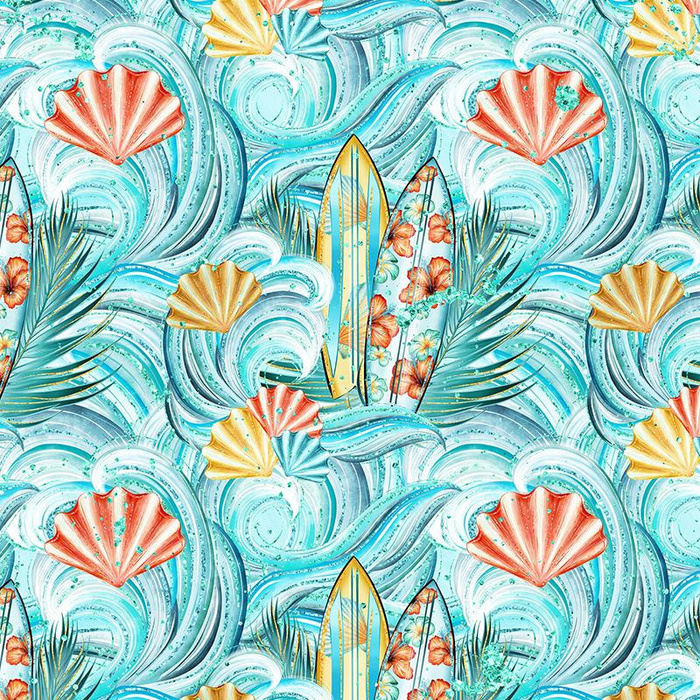 SURFBRETTER UND MUSCHELN / Wellen - Baumwoll Webware