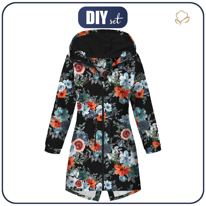 WOMEN'S PARKA (ANNA) - WATER-COLOR FLOWERS pat. 2 / black - sewing set XXL