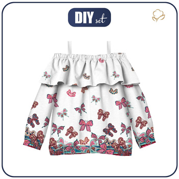 Carmenausschnitt Bluse (VIKI) - SCHMETTERLINGE (M 1 rosa) / weiß - Nähset -110-116