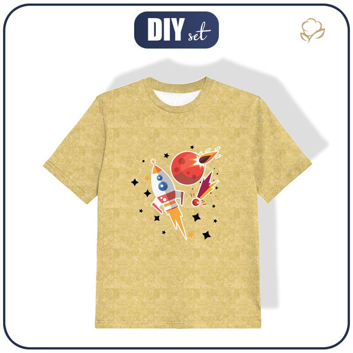 T-SHIRT DZIECIĘCY - RAKIETA I KOMETY (WYPRAWA W KOSMOS) / ACID WASH ZŁOTY - single jersey (104/110)