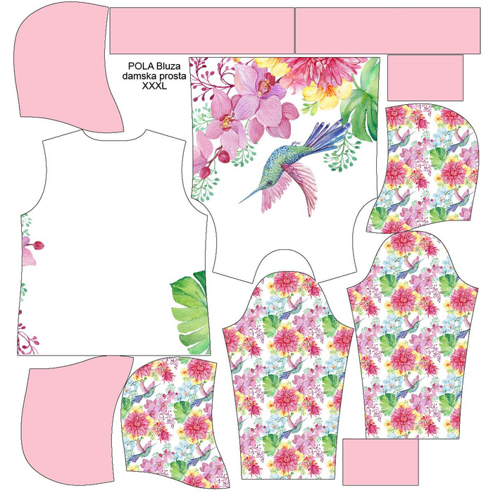 BLUZA DAMSKA (POLA) CLASSIC Z KAPTUREM - KOLIBRY I KWIATY Wz. 2 -  dzianina pętelkowa  XXL