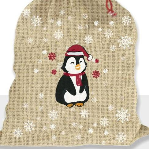 PENGUIN SANTA  / red - jute - Cotton woven fabric panel / Choice of sizes