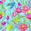 KINGFISHERS AND POPPIES (KINGFISHERS IN THE MEADOW) / aqua - Cotton woven fabric