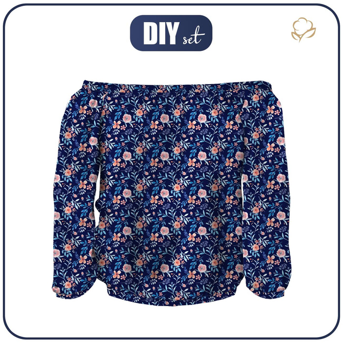 Bluzka hiszpanka (SOFIA) - MALOWANE PIWONIE / navy - zestaw do uszycia XL