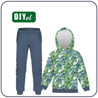 Children's tracksuit (OSLO) - MINI LEAVES AND INSECTS PAT. 6 (TROPICAL NATURE) / white - looped knit fabric (134/140)