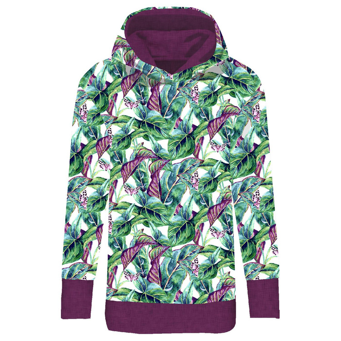BLUZA DAMSKA (MEGI) - DŁUGA Z KAPTUREM - MINI LIŚCIE I OWADY WZ. 1 (TROPIKALNA NATURA) / biały - dzianina pętelkowa XL