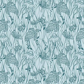 TURTLES AND JELLYFISH (BLUE PLANET) - looped knit fabric