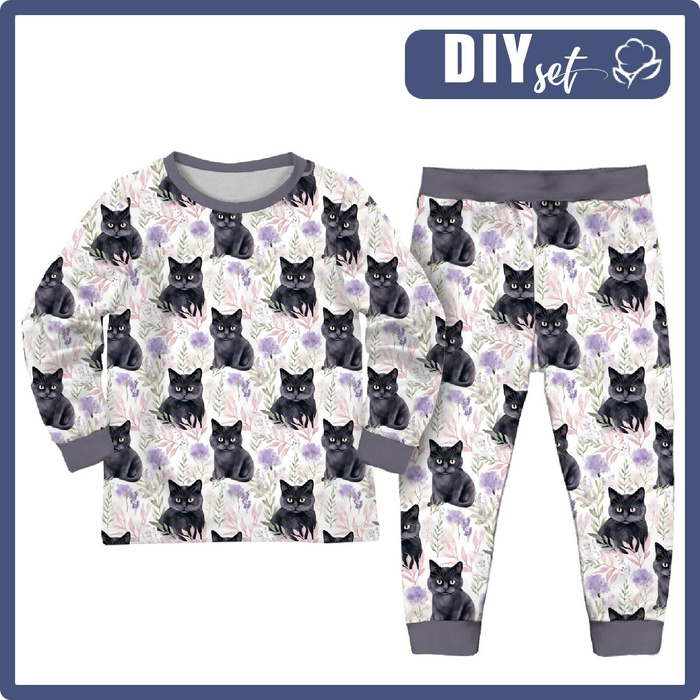 PIŻAMA DZIECIĘCA " MIKI" - PASTEL BLACK CAT - zestaw do uszycia (134/140)
