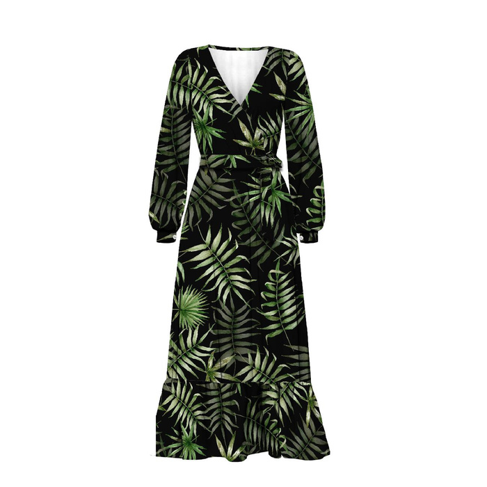 WRAP FLOUNCED DRESS (ABELLA) - PALM LEAVES pat. 4 / black - sewing set XXL