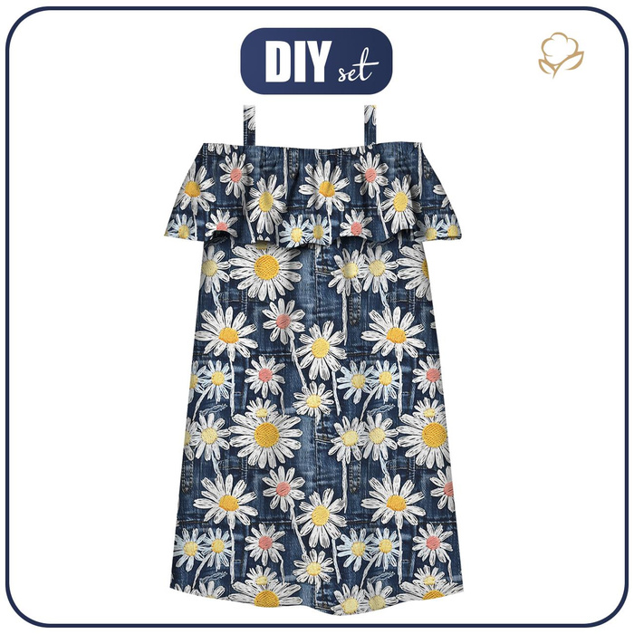 Bardot neckline dress (LILI) - DAISIES DENIM IMITATION WZ. 1 - sewing set - 146-152